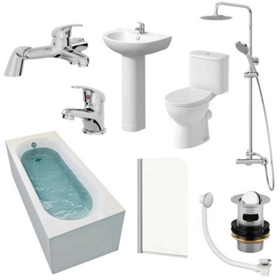 B&Q -  Bathroom Suite 1700mm Single Ended Bath Toilet Basin Pedestal Taps Shower Waste