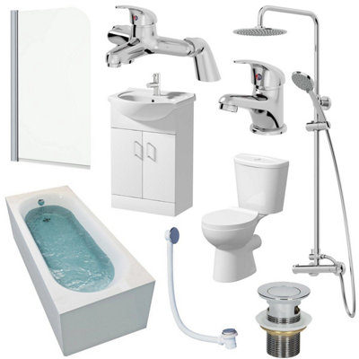 Aurora Bathroom Suite 1500mm Single Ended Bath Screen Toilet Basin Vanity Taps Shower