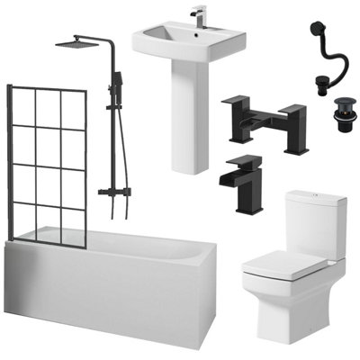 B&Q -  Complete Bathroom Suite Black Bath Shower Screen Basin Toilet Taps Waste 1600mm
