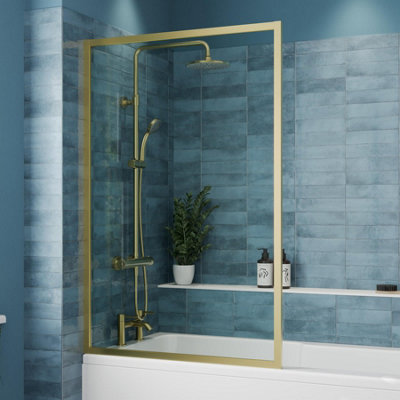 Affine Square Framed Bath Shower Screen 800mmBrushed Brass 6mm from B&Q