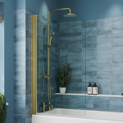 Affine Curved Edge Bath Shower Screen 800mmBrushed Brass 6mm from B&Q