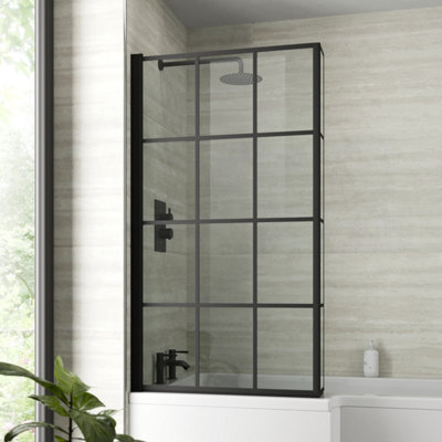Affine Bath Shower Screen Door Hinged 800mm Black Grid Square 6mm Glass Return Panel from B&Q