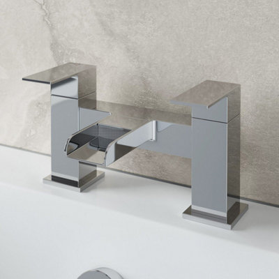 Affine Modern Bathroom Waterfall Bath Filler Mixer Tap Square Twin Lever Handles Chrome from B&Q