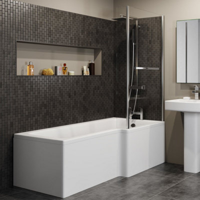 Affine L Shaped Shower Bath Right Hand Bathtub 1700mm Screen & Rail Front Panel Acrylic from B&Q