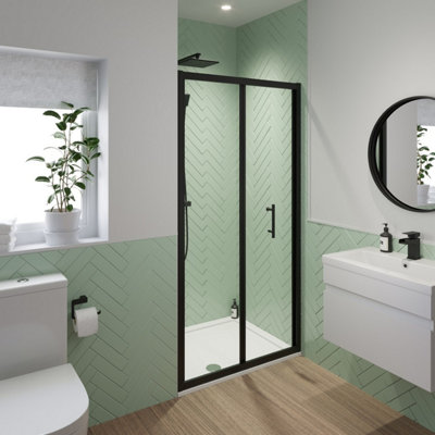 Affine 1000mm Bathroom Bi Fold Shower Door Walk In Enclosure Black Framed 6mm Safety Glass from B&Q
