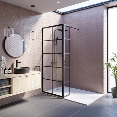 Affine Wet Room Screen 800mm Walk In Enclosure 8mm Grid Glass Return Panel Black from B&Q