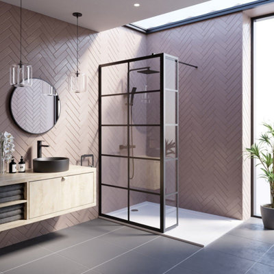 Affine Wet Room Screen 1000mm Walk In Enclosure 8mm Grid Glass Return Panel Black from B&Q