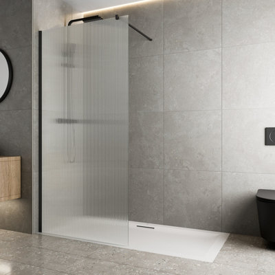 Affine Walk In Wet Room Shower Screen Frameless 8mm Fluted Glass Matt Black 1200mm from B&Q