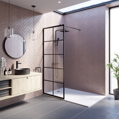 Affine Wet Room Screen 800mm Walk In Enclosure 8mm Black Grid Glass Frameless from B&Q