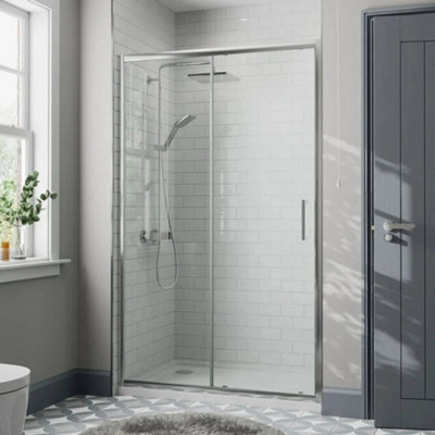 Affine 1200 X 700mm Sliding Shower Door Enclosure 8mm Glass Panel Framed Tray & Waste from B&Q