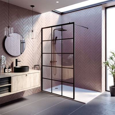 Affine Wet Room Screen 1200mm Walk In Enclosure 8mm Black Grid Glass Frameless from B&Q