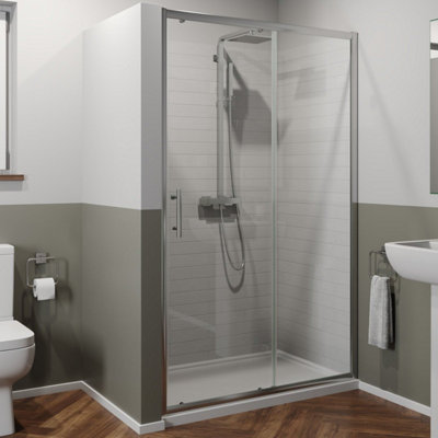 Affine 1200 X 900mm Sliding Shower Door Enclosure 6mm Glass Chrome Framed Tray Waste from B&Q