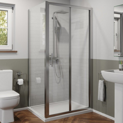 Affine 900mm X 700mm Bathroom Bi Fold Shower Door Enclosure Side Panel Framed 6mm Glass from B&Q