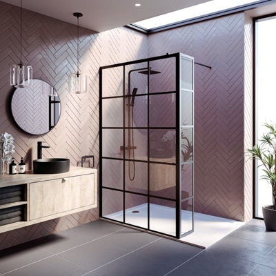 Affine Wet Room Screen 1200mm Walk In Enclosure 8mm Grid Glass Return Panel Black from B&Q