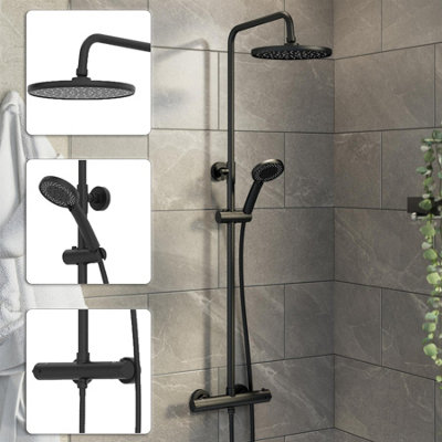 Affine Bathroom Mixer Shower Thermostatic Dual Head Round Rainfall Handset Matte Black from B&Q