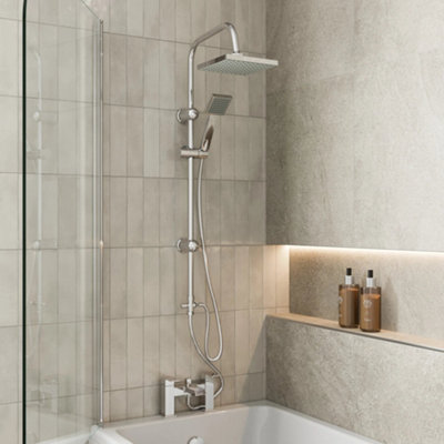 Affine Bathroom Square Shower Mixer Waterfall Tap Kit Riser Rail Hose Chrome Twin Heads from B&Q