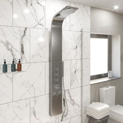 Aveli Thermostatic Modern Shower Panel Column Tower Body Jets Twin Head Brushed Steel