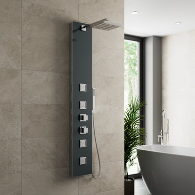 Aveli Thermostatic Shower Panel Column Tower 4 Body Jets Twin Head Modern Bathroom Glass