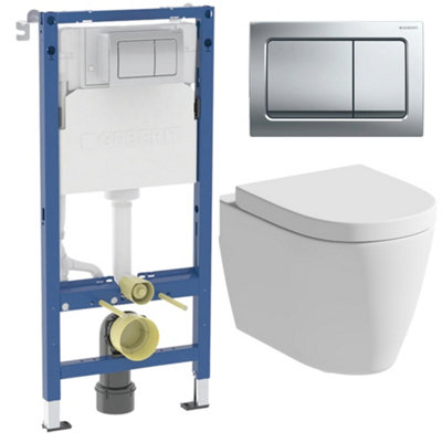 Affine Rimless Wall Hung Toilet Pan Soft Close Seat & Geberit Concealed Cistern Frame & Flush Plate from B&Q
