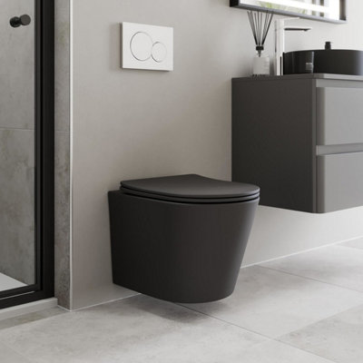 Affine Wall Hung Black Rimless Toilet Pan Soft Close Seat Bathroom Modern from B&Q