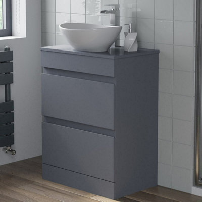 B&Q -  600mm Bathroom Vanity Unit Countertop Wash Basin Sink Oval Floor Standing Grey