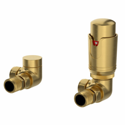 B&Q -  Corner Thermostatic Radiator Valve Trv Round Modern Brushed Brass & Lockshield Valve 15mm