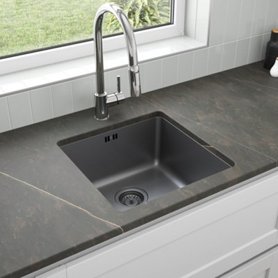Sinkoro Black Kitchen Sink Undermount Stainless Steel Square Single Bowl Strainer Waste from B&Q