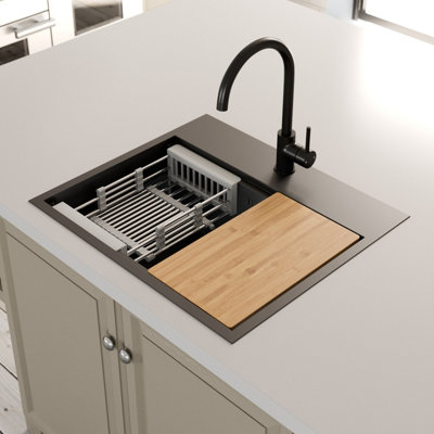 Sinkoro Black Kitchen Sink 1 Bowl Undermount Inset Modern Stainless Steel Drainer Waste from B&Q