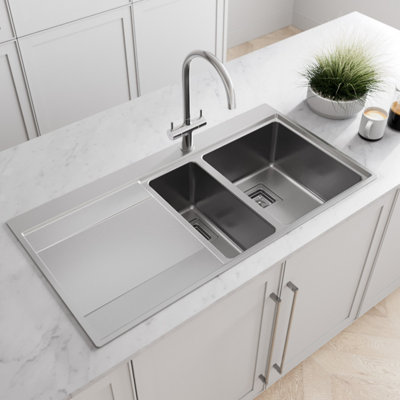 Sinkoro Stainless Steel Kitchen Sink 1.5 Bowl Lh Drainer Modern Inset Strainer Waste from B&Q