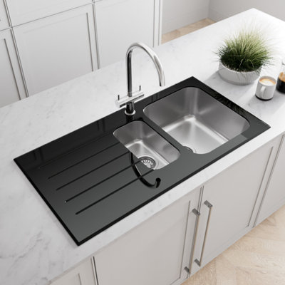 Sinkoro Kitchen Sink 1.5 Bowl Lh Drainer Black Glass Stainless Steel Inset Waste from B&Q