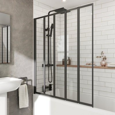 Affine 5 Panel Folding Bath Shower Screen 1200mm Pivot Door Matt Black Safety Glass 4mm from B&Q