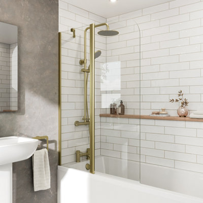 Affine 1000mm Curved Folding Bath Shower Screen Hinged Frame Brushed Brass 2 Panels 6mm from B&Q