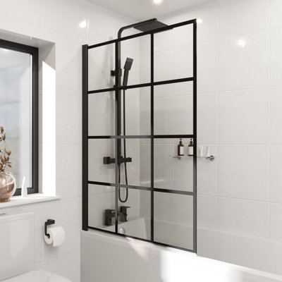 Affine Square Black Grid Bath Shower Screen Door Hinged 1000mm Framed Safety Glass 6mm from B&Q