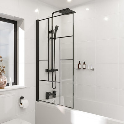 Affine 800mm Matt Black Grid Bath Shower Screen Abstract Square Door 6mm Safety Glass from B&Q
