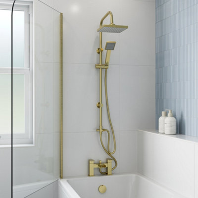 Affine Bath Shower Mixer Waterfall Tap Kit Square Riser Rail Dual Heads Brushed Brass from B&Q