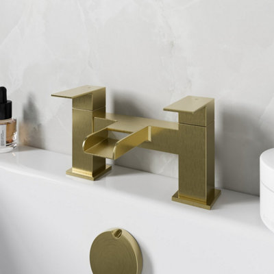 Affine Brushed Brass Waterfall Bath Mixer Tap Deck Mounted Square Twin Handle from B&Q
