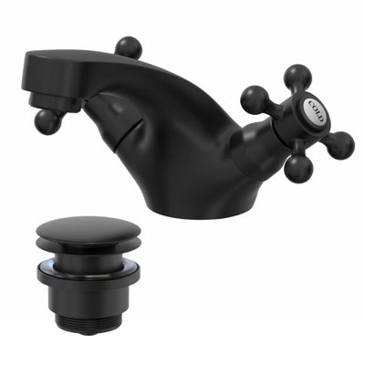 Affine Traditional Basin Mixer Tap & Waste SetTwin Crosshead HandleMatt Black from B&Q