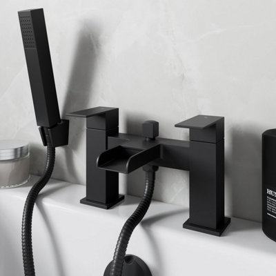 Affine Black Waterfall Shower Mixer Tap With Handset Square Twin Handle Modern from B&Q
