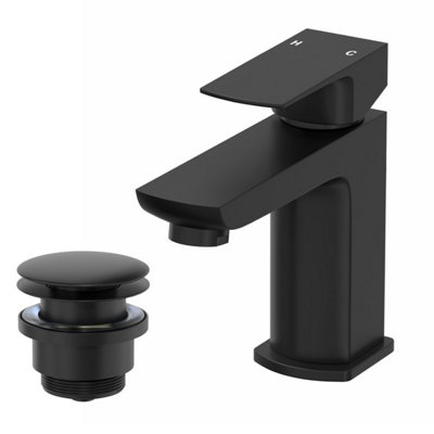 Affine Mini Cloakroom Basin Mixer Tap & Waste SetSquare Single LeverMatt Black from B&Q