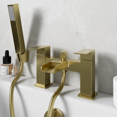 Affine Brushed Brass Waterfall Shower Mixer Tap With Handset Square Twin Handle from B&Q