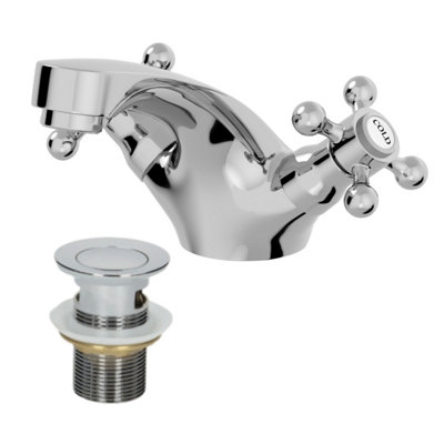 Affine White Traditional Basin Mixer Tap & Waste Set - Twin Crosshead Handle - Chrome Size 13.71