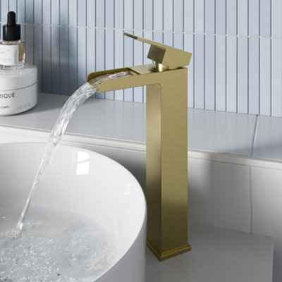 Affine High Rise Waterfall Basin Mixer Tap For Countertop Square Mono Brushed Brass from B&Q