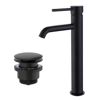 Affine Tall Basin Mixer Tap & Waste SetHigh Rise Countertop Round Single LeverMatt Black from B&Q