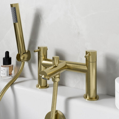 Affine Brushed Brass Shower Mixer Tap With Handset Round Twin Handle Bathroom from B&Q