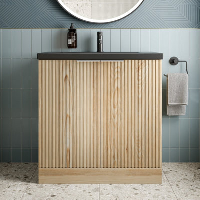 B&Q -  800mm Fluted Wood Floorstanding Vanity Unit Black Ceramic Basin Chrome Handle