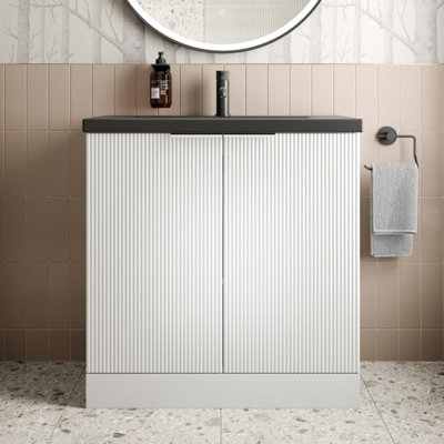 B&Q -  800mm Fluted White Floorstanding Vanity Unit Black Ceramic Basin Chrome Handle