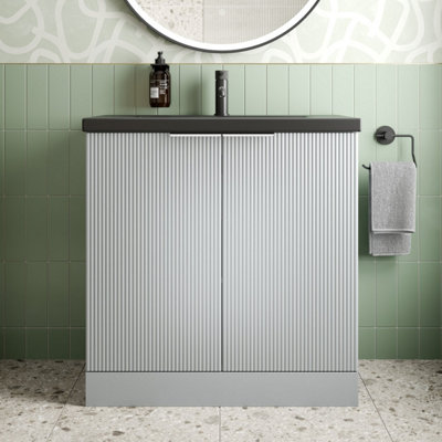 B&Q -  800mm Fluted Grey Floorstanding Vanity Unit Black Ceramic Basin Chrome Handle