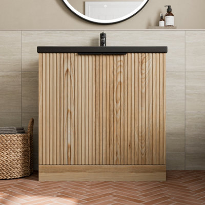 B&Q -  800mm Fluted Wood Bathroom Vanity Unit Soft Close Cabinet Black Ceramic Basin