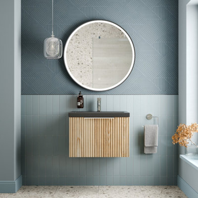 Affine Black 600Mm Fluted Wall Hung Bathroom Vanity Unit Wood Chrome Handle Basin Size 10 B&Q