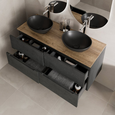 B&Q -  1200mm Oak Fluted Vanity Unit Double Oval Basin Countertop Wall Hung Soft Close